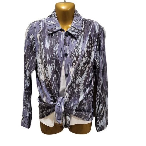 Attitudes by Renee Small Aztec Print Shirt Denim Vibes Blue Gray Off-White - Picture 8 of 13